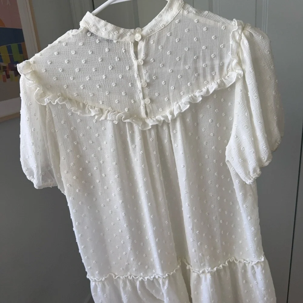 Anthropologie Cream Swiss Dot Ruffle Yoke Blouse